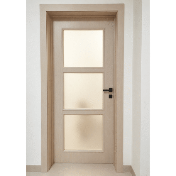 Modern light color WPC door with frosted glass